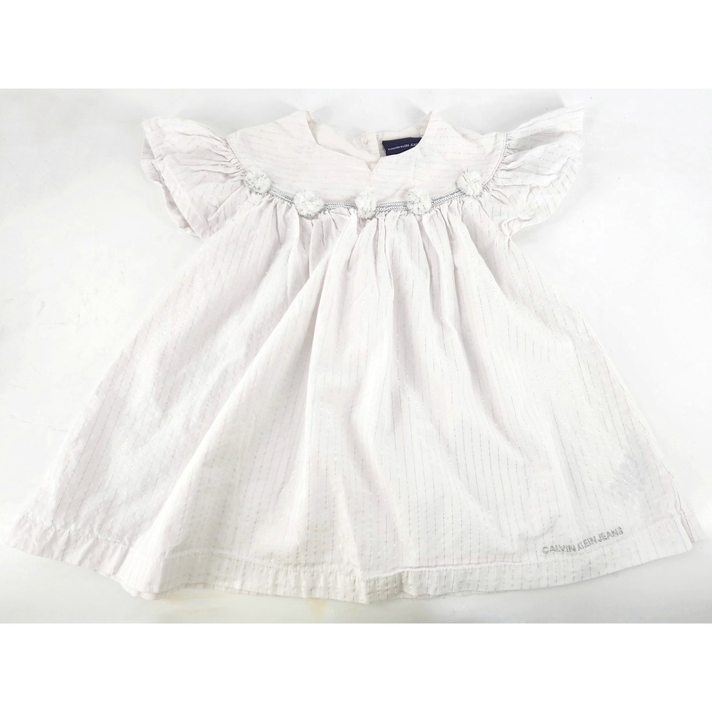 Calvin Klein Jeans A-line Dress Kids 5 White Pom Pom Sequin Metallic Stripe